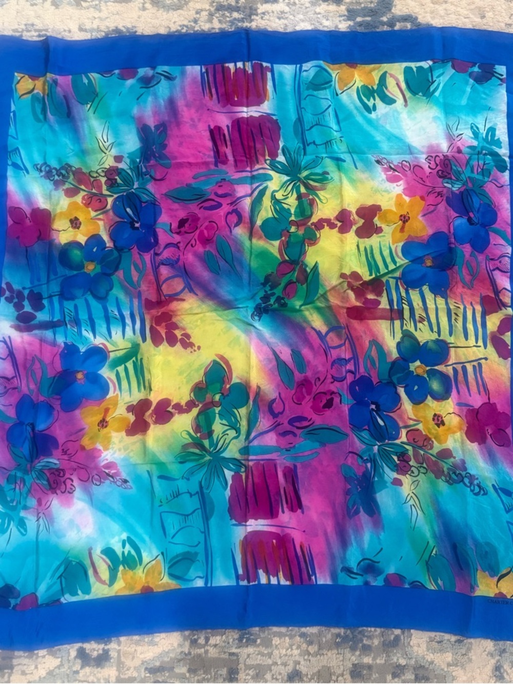 Vintage 100 Silk Vibrant Floral Multicolor Silk Scarf
